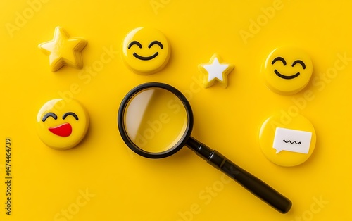 Magnifying glass exploring customer feedback and social media sentiment on yellow background