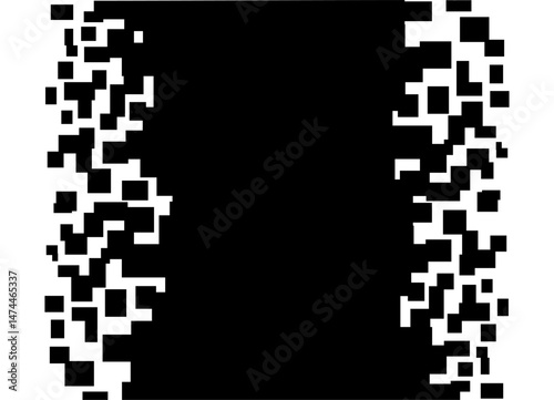 Striped black and white digital cyber pattern of abstract pixels with space for text. Technological Vector background of broken lines. Data flow. Clusters. Code, information