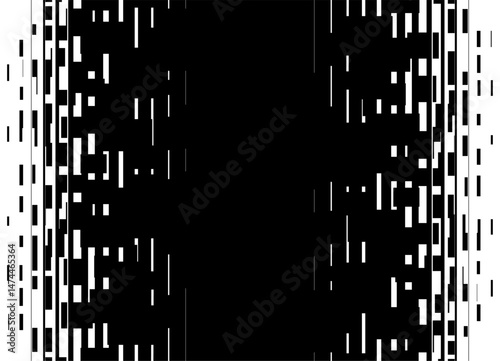 Striped black and white digital cyber pattern of abstract pixels with place for text. Technological Vector background of broken lines. Halftone. Data flow. Clusters. Code, information