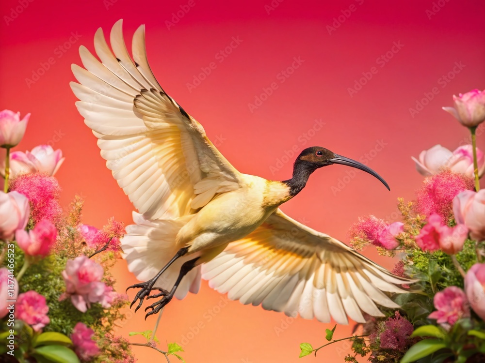 Obraz premium Black-headed Ibis Double Exposure: Nature's Elegance in Flight and Bloom