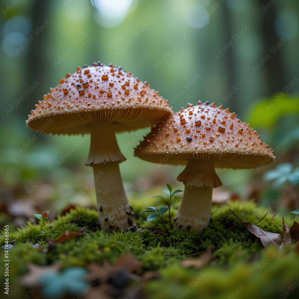 Fototapeta premium Two boletus edulis or porcini mushroom grow in forest close up, abstract natural background. Edible mushrooms brown cap boletus. harvest season, picking fungi in wild nature concept