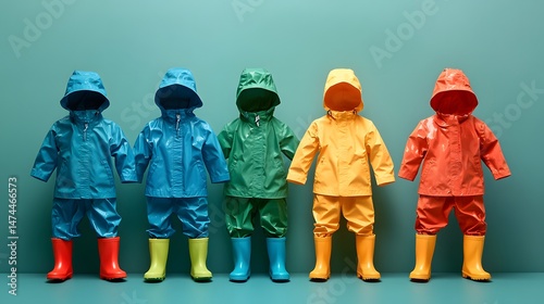 A children's rain outfit with bright colors and puddle boots