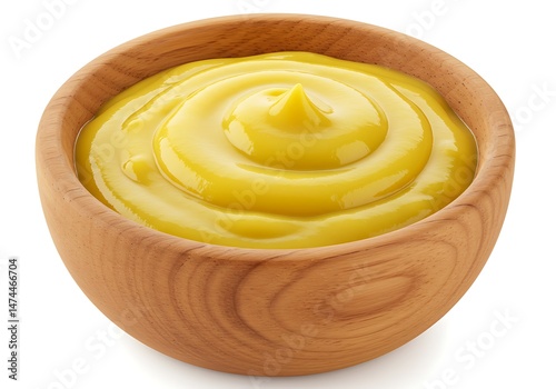A wooden bowl filled with yellow mustard condiment food