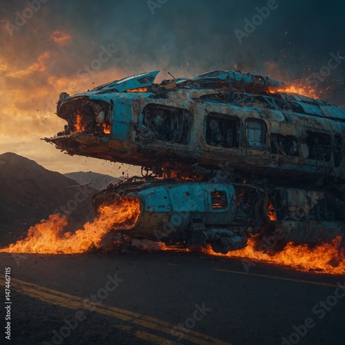 Fire truck driving on road near construction site with machinery and landscape background