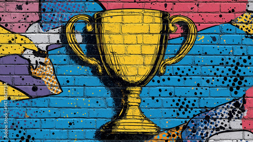 Pop art comic street graffiti with gold cup on brick wall.
