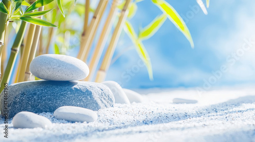 Serene composition of bamboo and smooth stones creates calming atmosphere with earthy tones and natural beauty