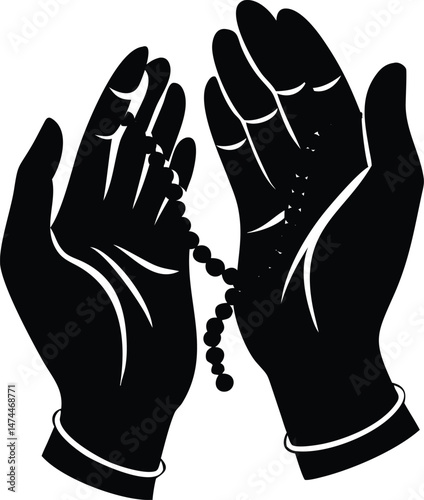 Black Silhouette of Hands Holding Prayer Beads Religious Symbolism