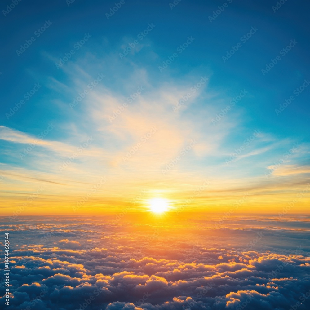Fototapeta premium Aerial View of a Vibrant Sunset over a Sea of Clouds in a Blue Sky at Golden Hour in Nature Photography