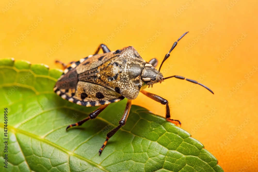Fototapeta premium Brown Marmorated Stink Bug on Leaf, Southern Michigan Garden, September