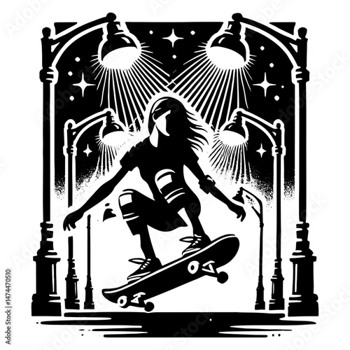 Vector Illustration Of A Female Skateboarder Street Skating At Night Time, Black And White Skater Silhouette