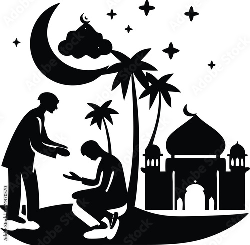 Silhouette of Muslim Man Praying Near Mosque at Night