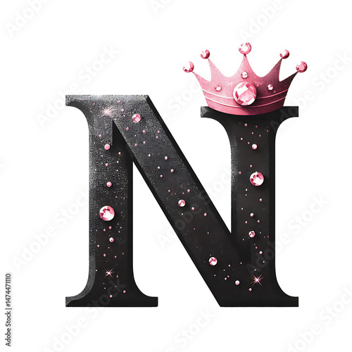 3d Black letter N with pink gems and pink crown on transparent background. Generative ai