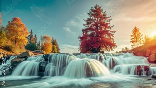 Caucasus Mountains Waterfall Silhouette Summer Landscape Stock Photo