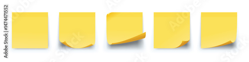 Sticky yellow paper with curl blank realistic set. Curled sticky notes office stationery.