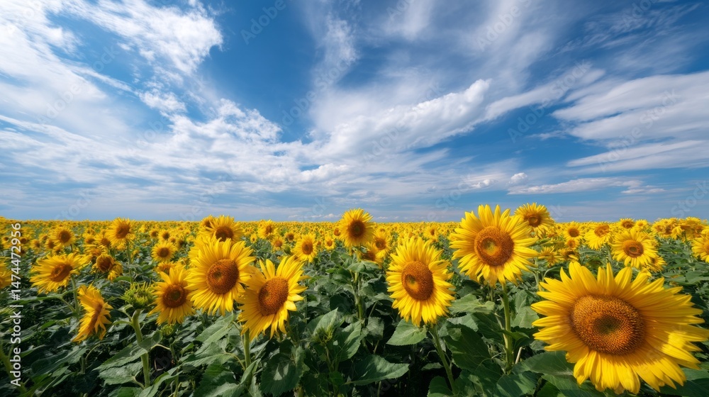 Obraz premium A wide field filled with vibrant yellow sunflowers stretches toward the horizon, basking under a clear blue sky with fluffy white clouds. The scene radiates warmth and beauty