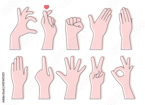 Hand gesture outlines. Okay sign, thumb up, pointing finger, making heart, holding hand, fist, open palm, straight hand. Vector illustration