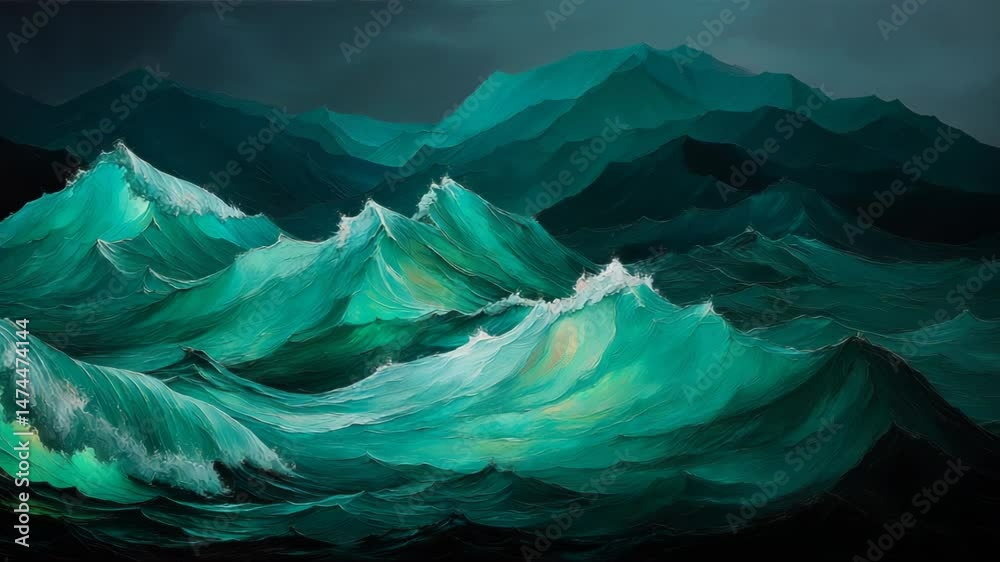 Abstract artwork showing flowing water mist and mood using blue and green colors