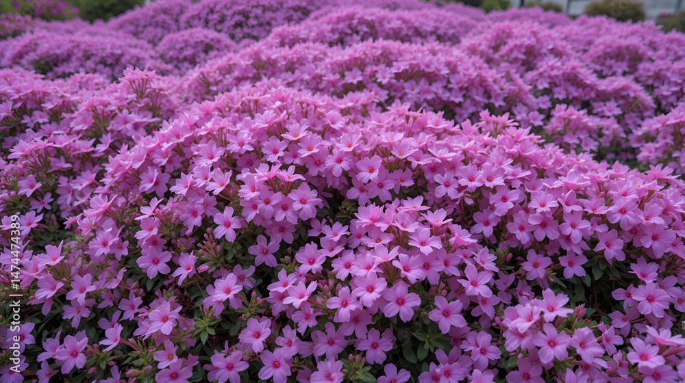 Fototapeta premium Floral background of pink flowers Phlox subulate. Carpet of purple flowers of Phlox in the spring garden. Phlox subulate ground cover plant for rock garden.