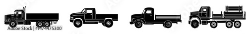 A flatbed truck's silhouette is depicted on a white background, showcasing vehicle icons from multiple viewpoints