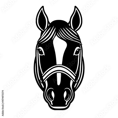 An isolated monochrome head of an Arabian racehorse represents the modern wild stallion, a symbol of the farm horse and animal