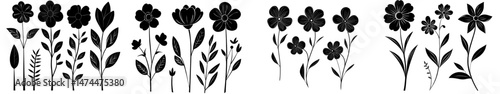 A modern set of hand drawn spring flowers is available, featuring black brush flower silhouettes, including roses, peonies, and chrysanthemums as isolated cliparts