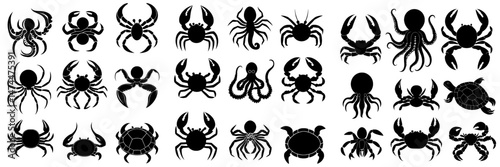 Modern icons of seafood and fishery crustaceans, including silhouettes of animals such as octopus, shrimp or prawn, and ocean creatures like cuttlefish, lobster or crab, turtle, sea crawfish, and