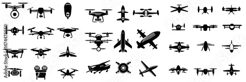 Modern black icons of aircraft, helicopters, and drones are depicted in a set that includes quadrocopters and helicopters, showcasing military aircraft in illustration form