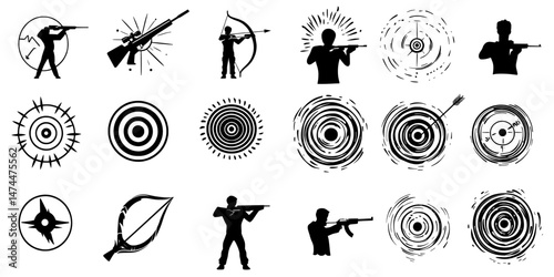 A modern set of silhouette shooting targets features people, animals, and dart designs
