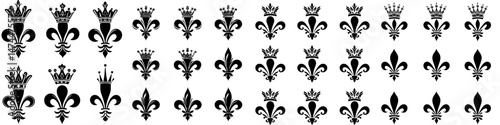 Modern crowns and fleur de lis designs are arranged in seamless patterns on a black background
