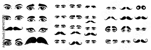 The face of a man includes eyes and noses, mustaches with glasses, hats or lips, hairstyle