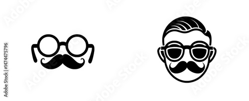 Black glasses and mustache icon set against a white backdrop in modern design