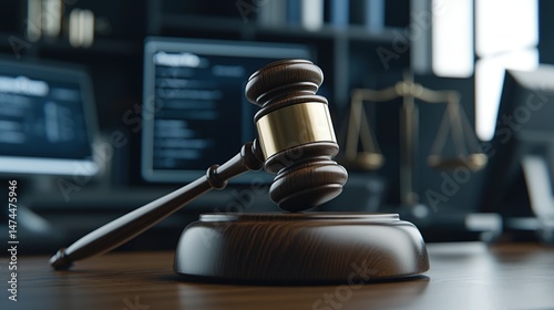 Gavel law justice courtroom wooden legal scale computer decision authority focus professional judgement bokeh office symbol
