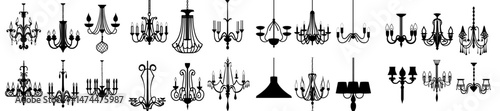 Vintage crystal chandeliers with modern silhouettes are isolated on a white background