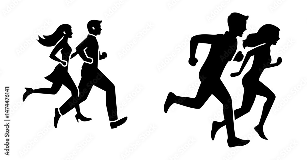 Fototapeta premium Modern illustration of a running man and woman in black silhouette, isolated on a background, depicting a couple jogging together