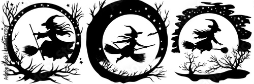The silhouette of a witch flying on a broom on Halloween night