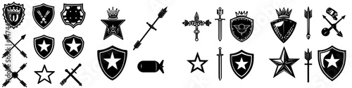 Isolated military army elements are collected on a white background