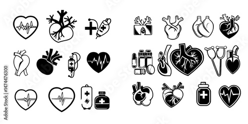 Red silhouette pictograms symbolize the modern icons of heart diagnosis and cardiac treatment in cardiology