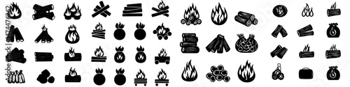 Modern isolated icons of charcoal and burning coal for barbecue