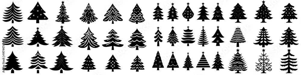 Obraz premium A modern collection of flat Christmas winter trees adorned with festive Xmas decorations and set against black fir tree silhouettes, along with a big set of Christmas winter trees