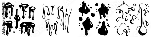 A modern isolated set featuring green slime, including goo, spooky dripping liquid, blots, splashes, and a border suitable for a Halloween scary slime banner, with illustrations of green stains,
