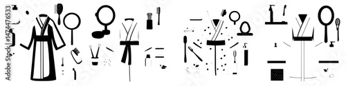 A modern cartoon set of bathroom accessories is illustrated on a white background with baby hygiene items isolated