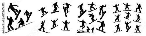 People snowboarding appear as black silhouettes isolated on a white background, depicting an active sport man in a modern illustration