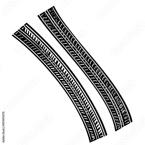 A set of isolated illustrations featuring rubber tire tracks, dirt, and grunge from automobiles, including trucks, with different tread designs