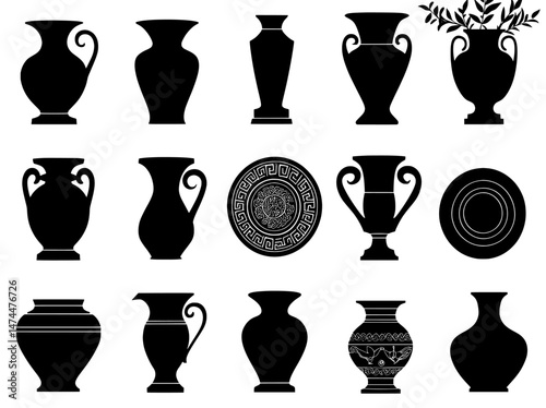A white background provides the setting for a modern illustration of vintage Greek vases in black silhouette
