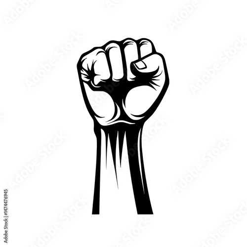 The iconic protester's fist is illustrated in modern style as a silhouette, set against a plain white background for maximum visual impact