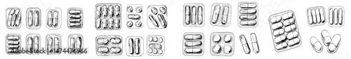 Realistic blisters and modern pharmacy packaging comprise a tablet set, including medicine pill and capsule packs, white 3D drugs, and vitamins isolated mockup