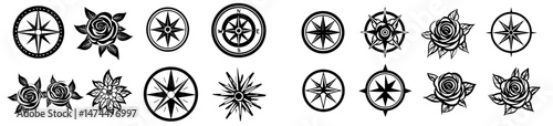 A vintage compass is depicted alongside a nautical wind rose, compasses for travel maps, and vintage marine navigation arrow symbols, all part of a retro outline modern set