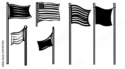 The modern set consists of flag icons, including a pennant with flagpole, black silhouette destination banners, gps location pin map markers, start and finish signs, as well as a flag pole for gps