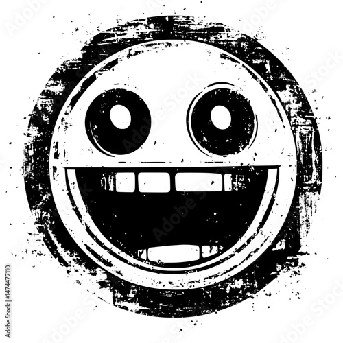 Grunge-style circular smiley face with wide eyes and open mouth in rough ink stroke design