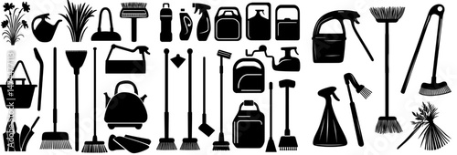 Modern home washing and cleaning tools, along with a sewing machine and kitchen utensils, are depicted as isolated silhouettes of housework and household icons, including a mop, vacuum cleaner,